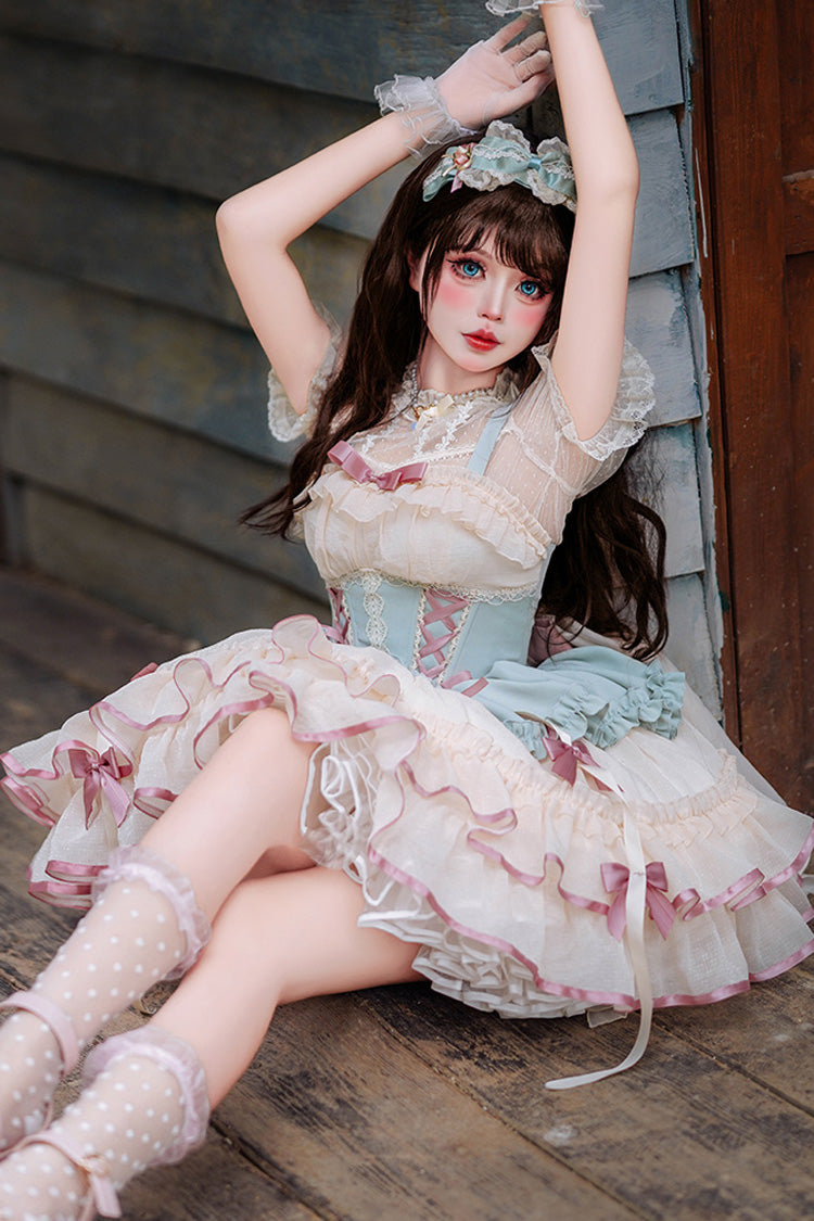 Light Green/Ivory Dance of Time Triple-Layered Ballet Style Bowknot Lace-Up Sweet Lolita Jsk Dress