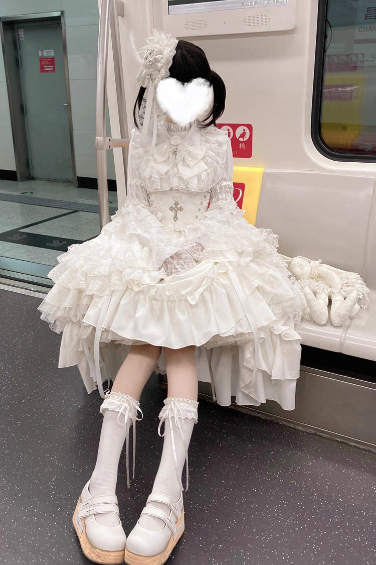 White Eternal Taboo Long Hime Sleeves Ruffled Bow Gothic Lolita Skirt Dress Set