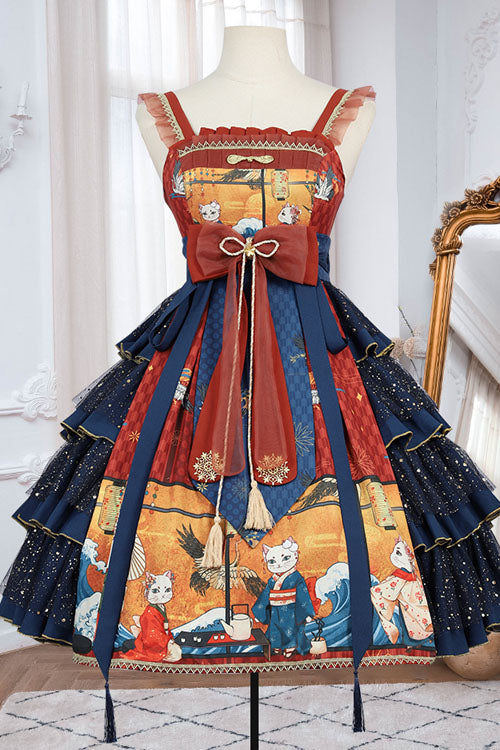 Blue Ukiyoe Cat & Waves Print Sleeveless Multi-Layer Sweet Lolita JSK Dress