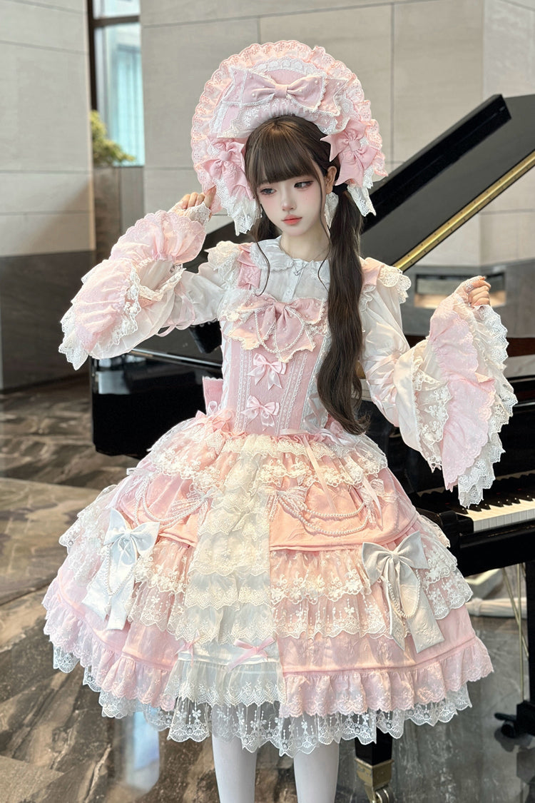Sakura Love Multi-Layered Jacquard Ruffle Embroidery Cardigan Bowknot Lace Sweet Gorgeous Lolita Jsk Dress 2 Colors