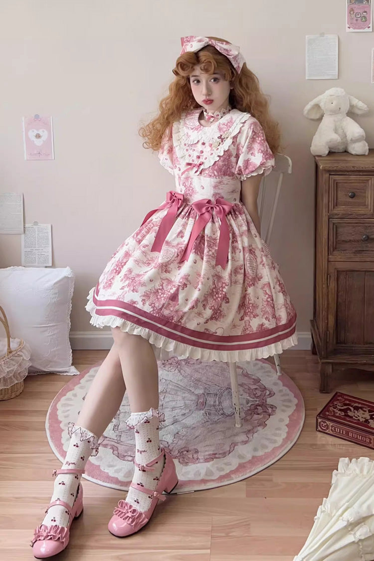 Rose Red Grape Moon Almanac Short Sleeves Multi-Layered Printed Ruffled Bow Sweet Lolita Dress