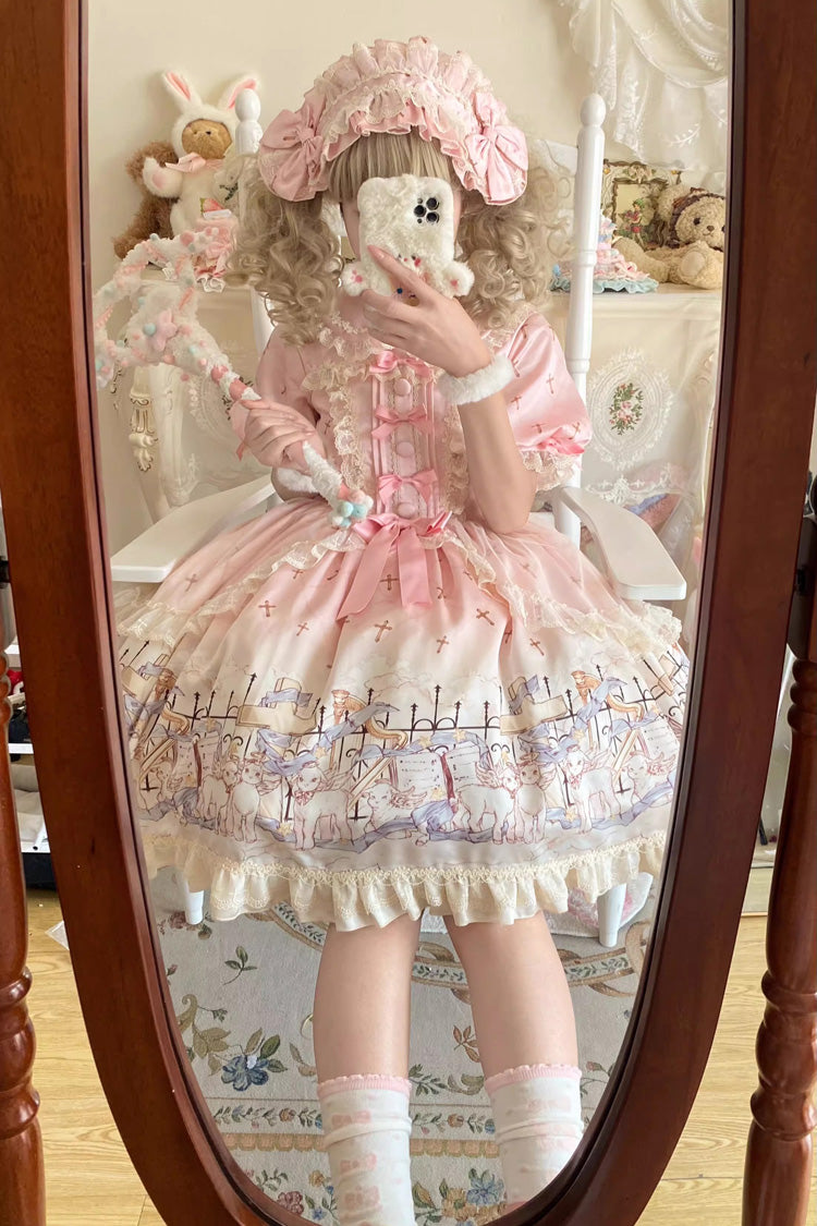 Pink Angel Lamb Lapel Collar Short Sleeves Printed Ruffled Bow Sweet Lolita Dress