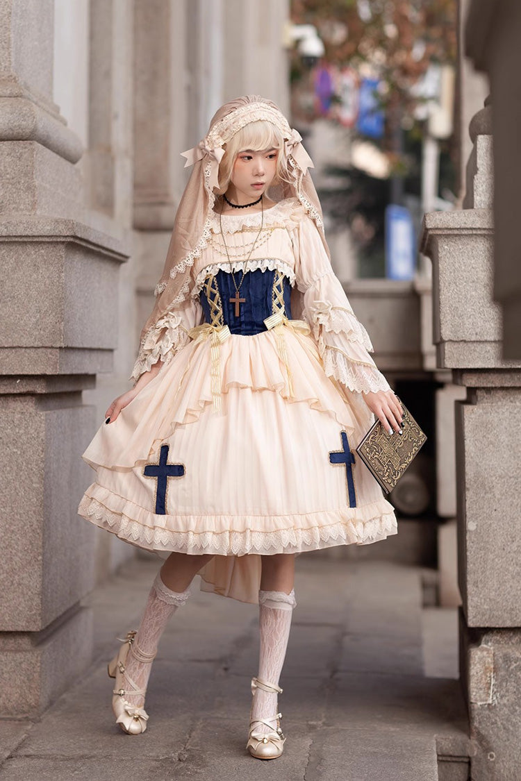 Apricot Eternal Life Song Print Cross Embroidery Sleeveless Ruffle Sweet Lolita Dress
