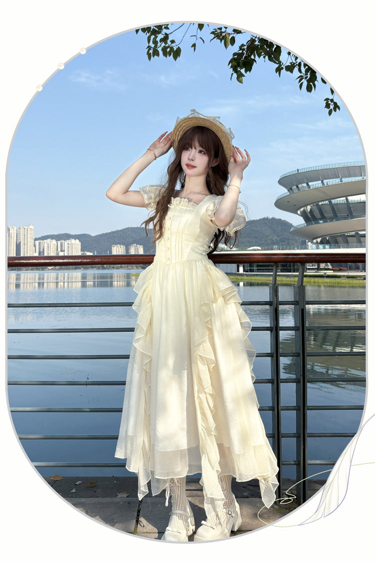 Apricot Moonlight Beach Square Collar Short Sleeves Ruffle Sweet Lolita Dress