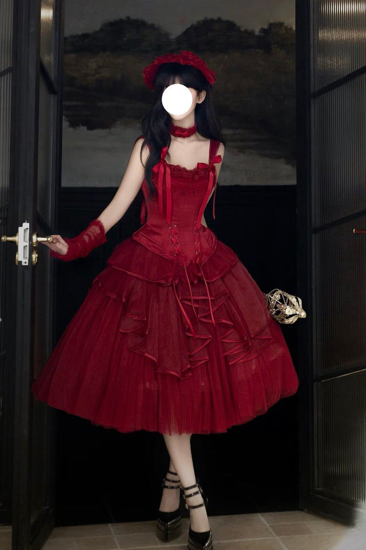 Red The Summer Waves Sparkle Square Collar Sleeveless Multi-Layered Ruffled Bow Lace-Up Slim Classic Lolita Skirt Set