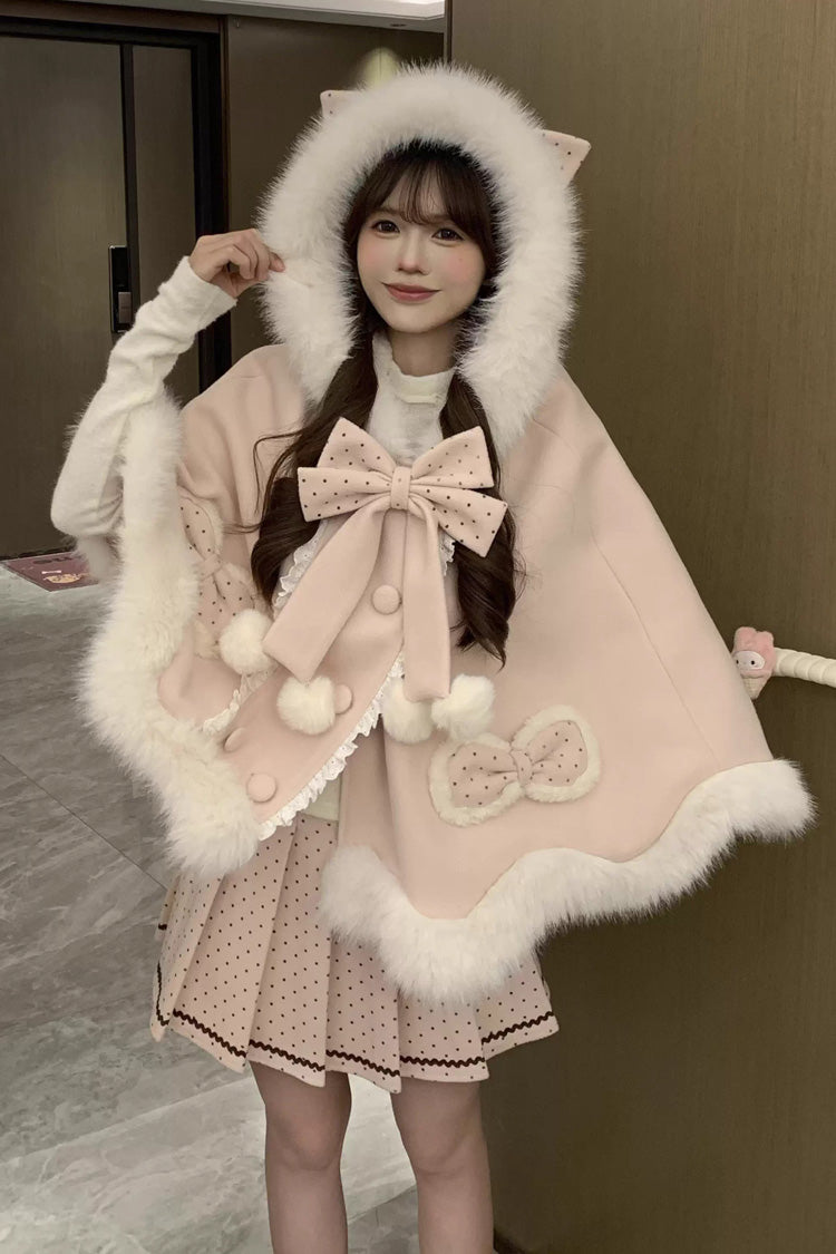 Pink Sea Salt Guava Polka Dot Printed Ruffled Bow Hooded Sweet Princess Lolita Dress Cloak Set