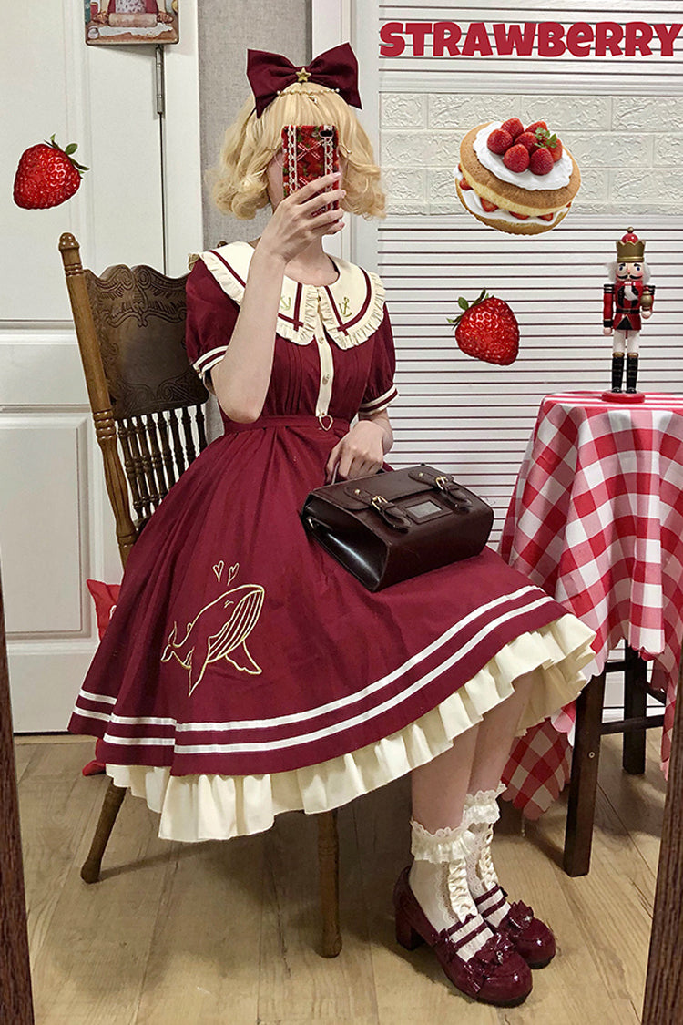 Little Sea Whale Navy Sailor Short Sleeves Sweet Lolita OP Dress 3 Colors