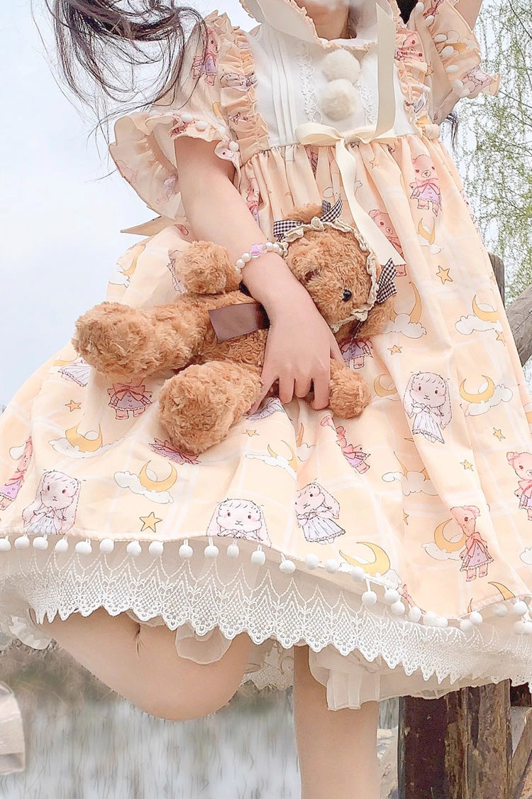 Yellow Doll Collar Short Sleeves Bunny Bear Moon Print Bowknot Stitching Sweet Lolita Dress