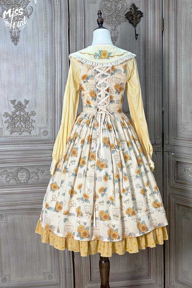 Apricot Gardening Sunflower Sleeveless Print Ruffle Bowknot Sweet Elegant Uplift Lolita Jsk Dress