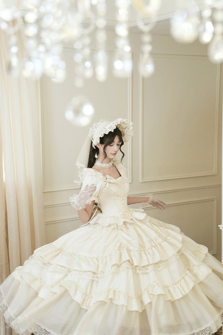 White Letters and Poems Square Collar Short Sleeves Ruffle Hanayome Bowknot Sweet Elegant Gorgeous Lolita Dress