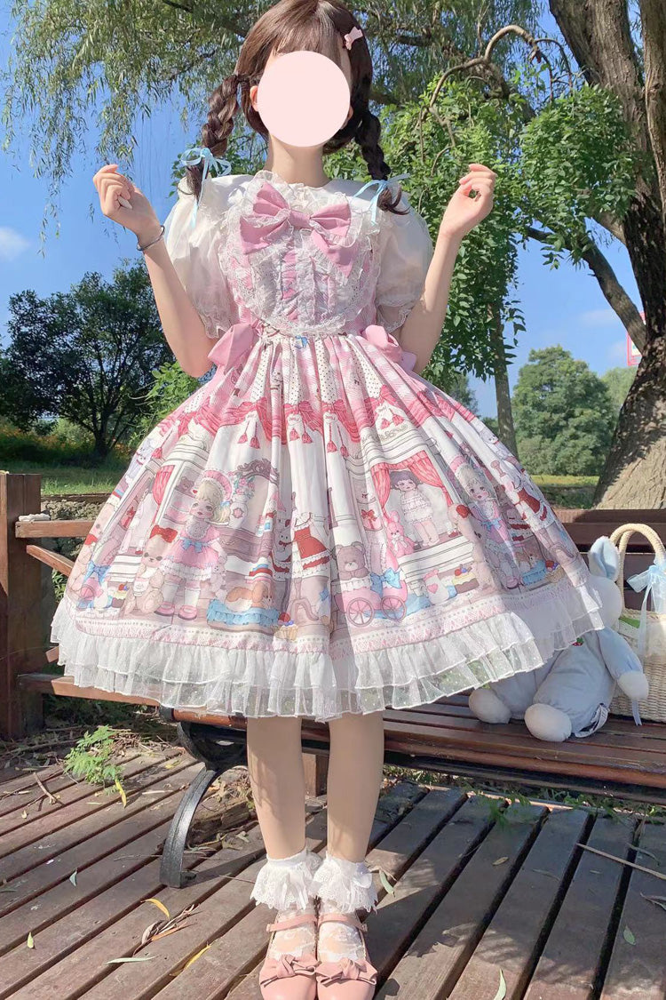 Pink Plush Bear and Doll Print Ruffle Bowknot Lace Sweet Lolita Jsk Dress