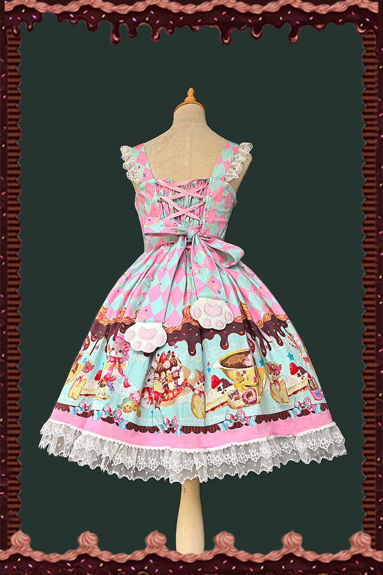 Cream Meow Sleeveless Print Bowknot Lace Sweet Lolita Jsk Dress 3 Colors