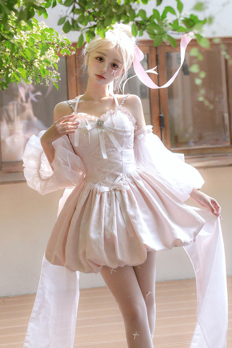 Pink The Runaway Princess Sleeveless Ruffle Bowknot Lace-Up Sweet Lolita Jsk Tulip Dress Set