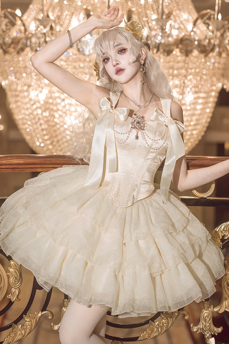 Champagne Cream Polka Dots Sleeveless Jacquard Bowknot Slim Sweet Ballet Lolita Skirt Dress