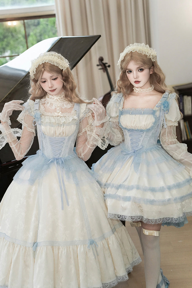 Ivory Sea Salt Iced Tea Square Collar Short Sleeves Ruffle Fishbone Sweet Lolita Short Dress