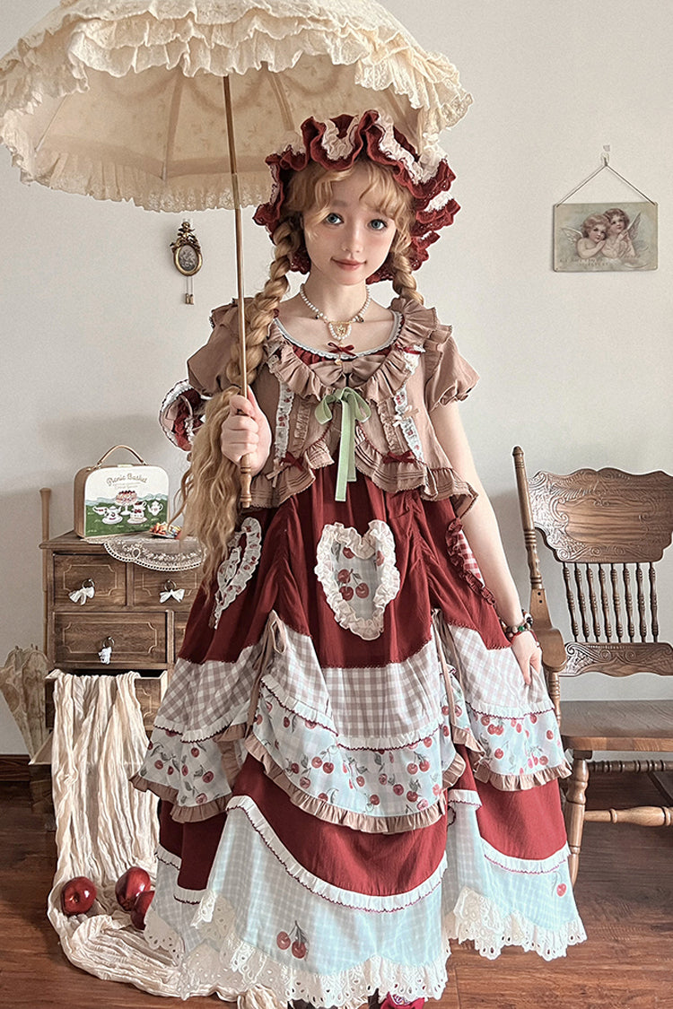 Multi-Color Cherry Print Short Sleeves Multi-Layered Ruffle Embroidery Sweet Lolita Dress