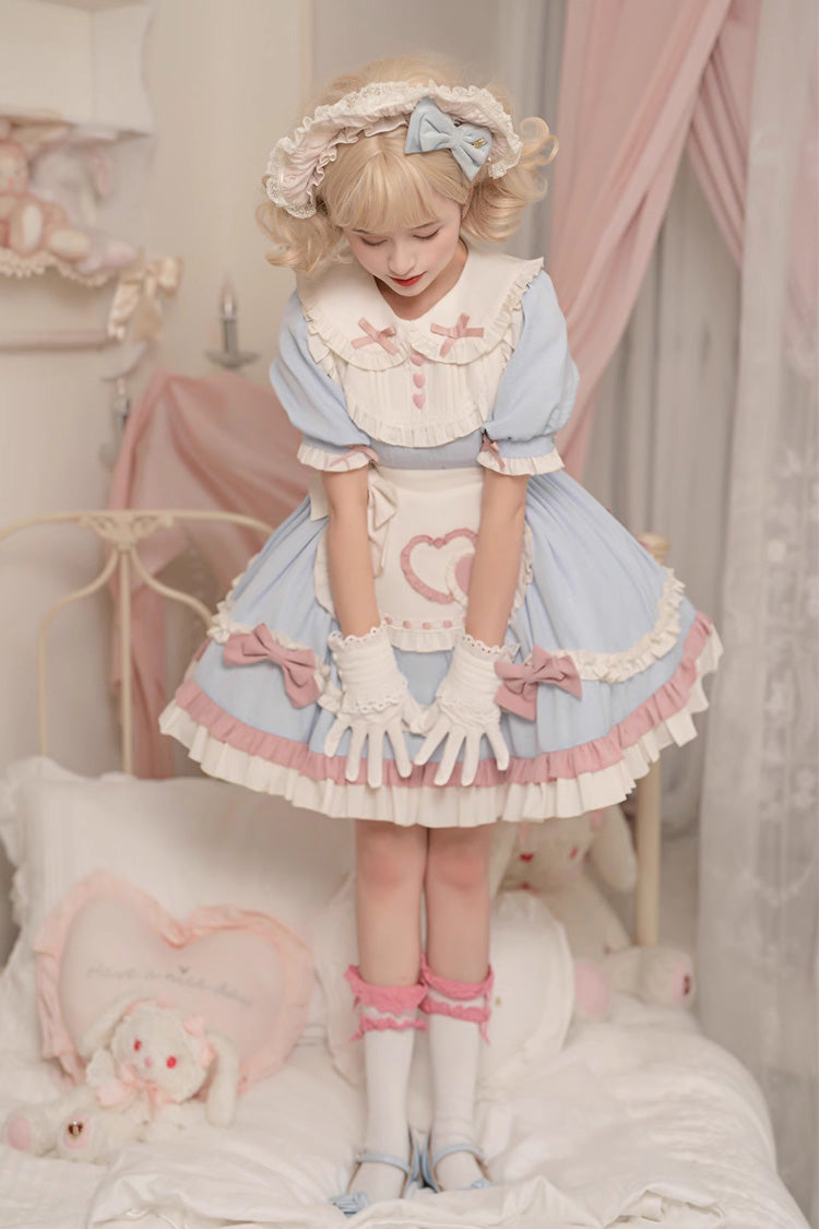 Blue Short Puff Sleeves Ruffle Bowknot Maid Sweet Princess Lolita Dress
