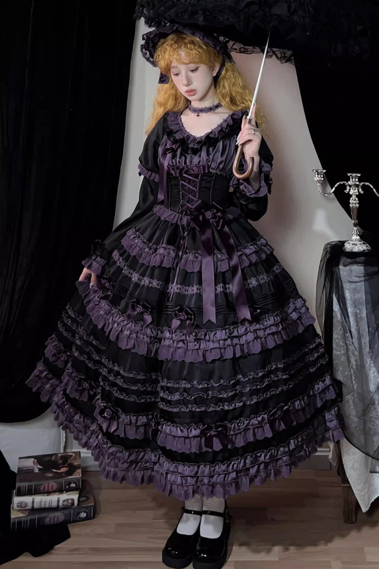 Black/Purple Layered Blackcurrant Short Sleeves Ruffle Bowknot Lace Sweet Lolita Dress