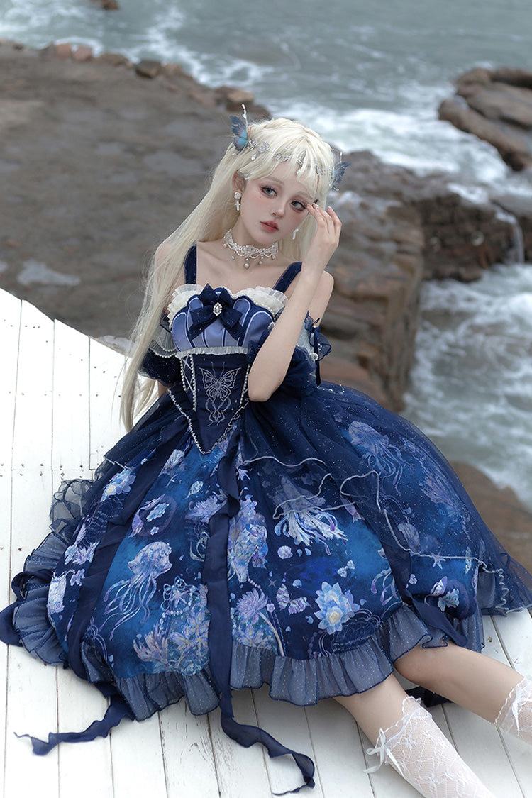 Blue Deep Sea Jellyfish Print Ruffle Lace Sweet Elegant Lolita Jsk Dress