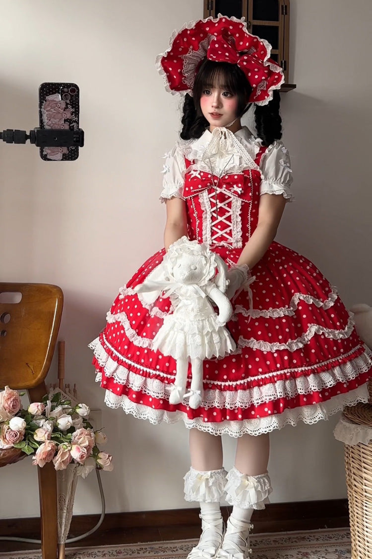 Red Polka Dots Print Ruffle Bowknot Lace-Up Sweet Lolita Dress