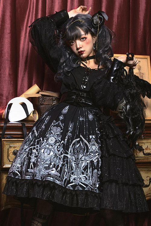 Dark Black Eye Of Red Heart Print High Waisted Gothic Lolita Skirt Dress