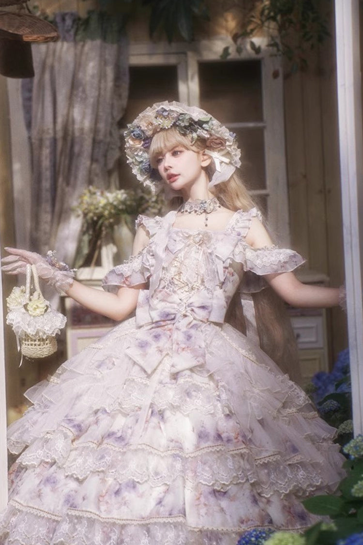 Blue Rose Letter Off Shoulder Triple-Layered Print Ruffle Hanayome Sweet Princess Lolita Dress