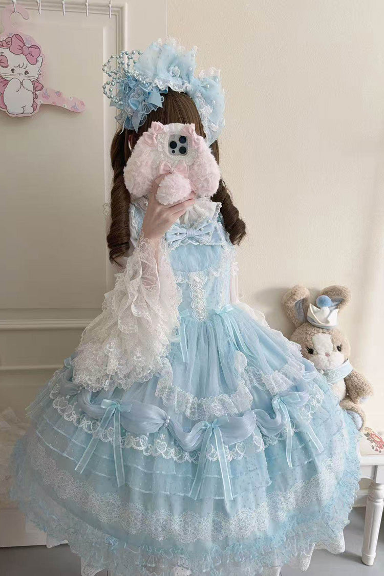 Blue Sugar Heart Knot Multi-Layered Ruffled Bow Lace Sweet Lolita Jsk Dress