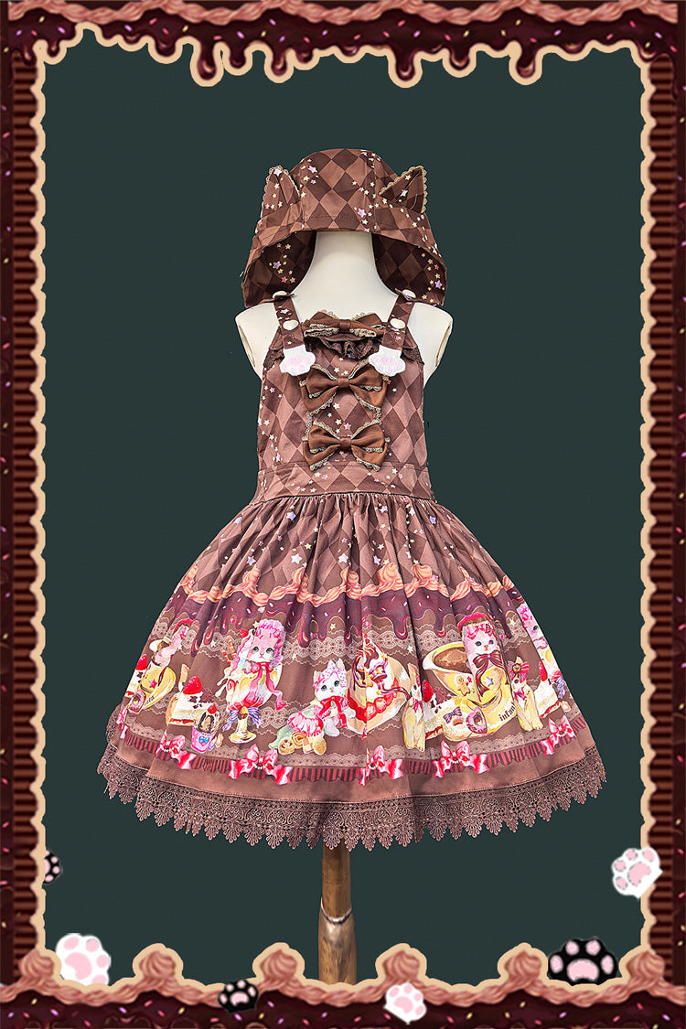 Cream Meow Sleeveless Print Bowknot Hooded Sweet Lolita Strap Dress 3 Colors