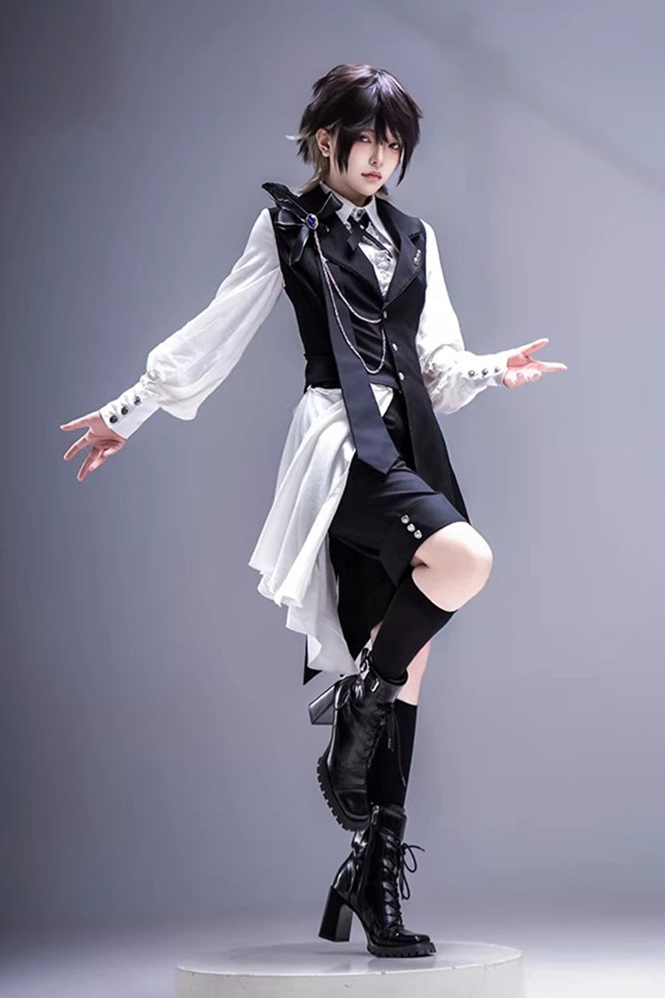 Black/White Black Tea Concerto Bow Asymmetric Ouji Fashion Gothic Prince Lolita Vest Top Shorts Set