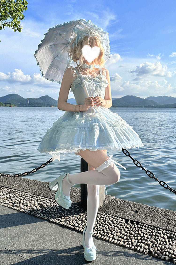 Blue Candy House Sleeveless Ruffle Bowknot Lace Lace-Up Sweet Lolita Jsk Dress