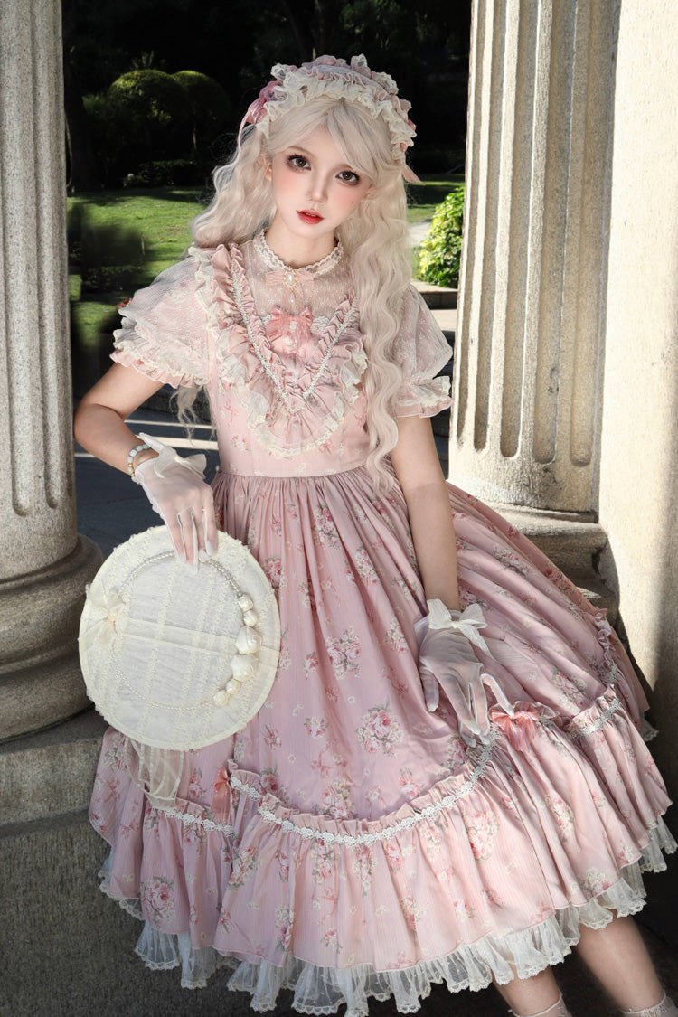 Daydream Rose Short Sleeves Floral Jacquard Print Ruffle Embroidery Bowknot Sweet Lolita Dress 3 Colors