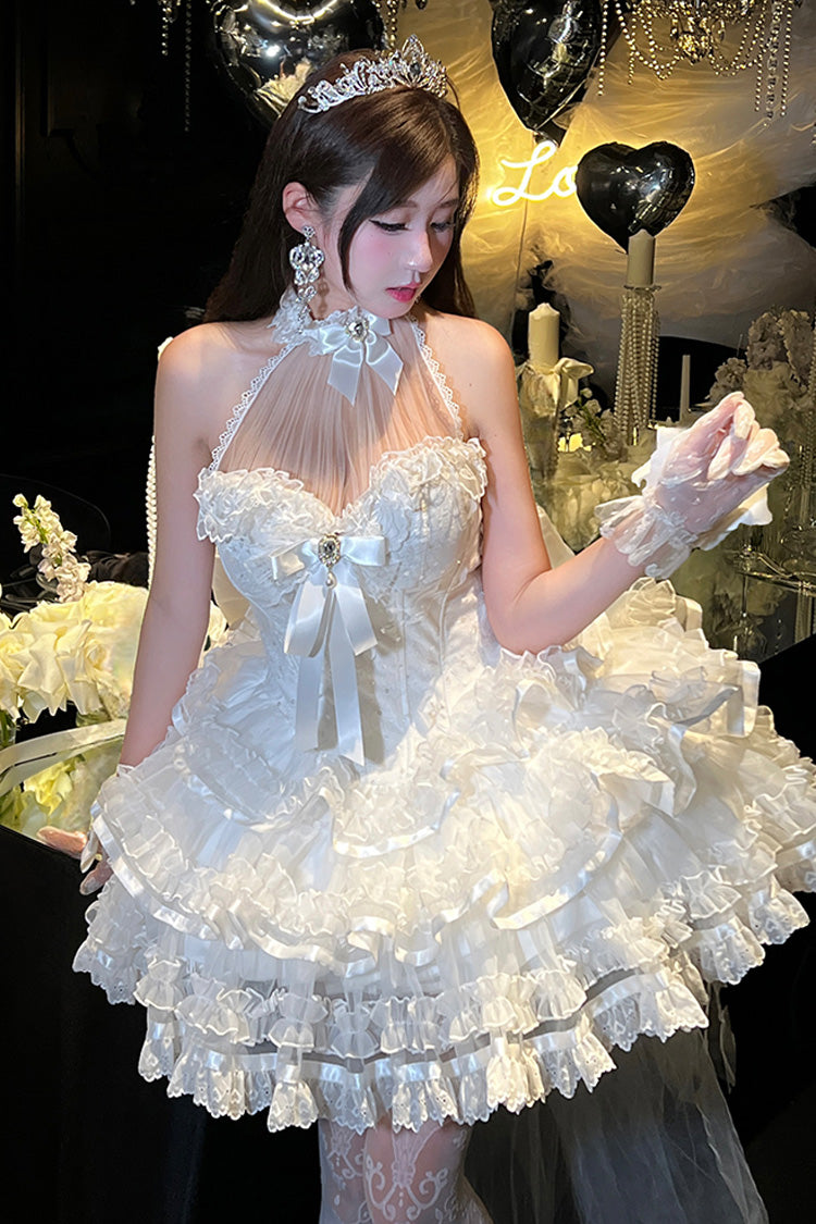 White Love God Bride Halterneck Ruffle Hanayome Bowknot Lace Sweet Princess Lolita Jsk Dress