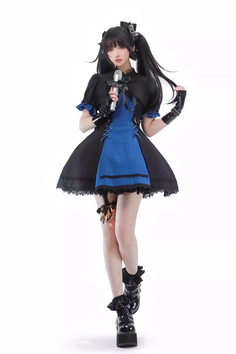 Black/Blue Night Liana Ruffle Bowknot Lace-Up Sweet Japanese Lolita Jumper Dress Set