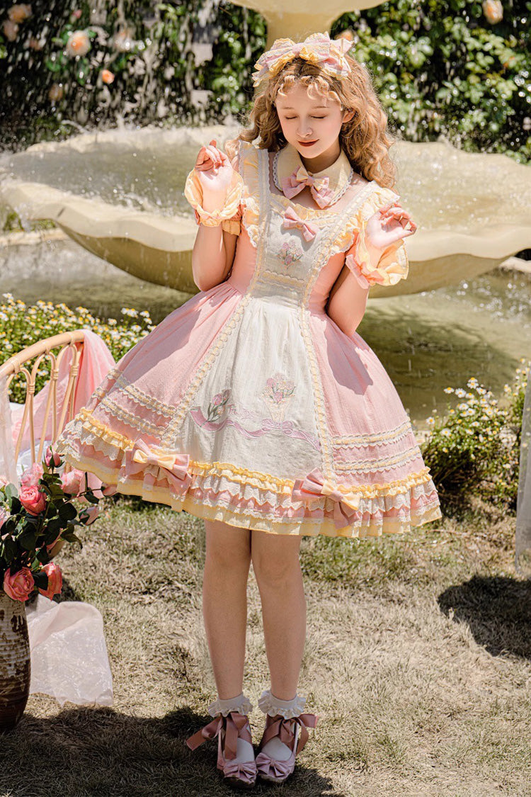 Pink Short Sleeves Tulip Print Ruffle Bowknot Sweet Lolita Dress