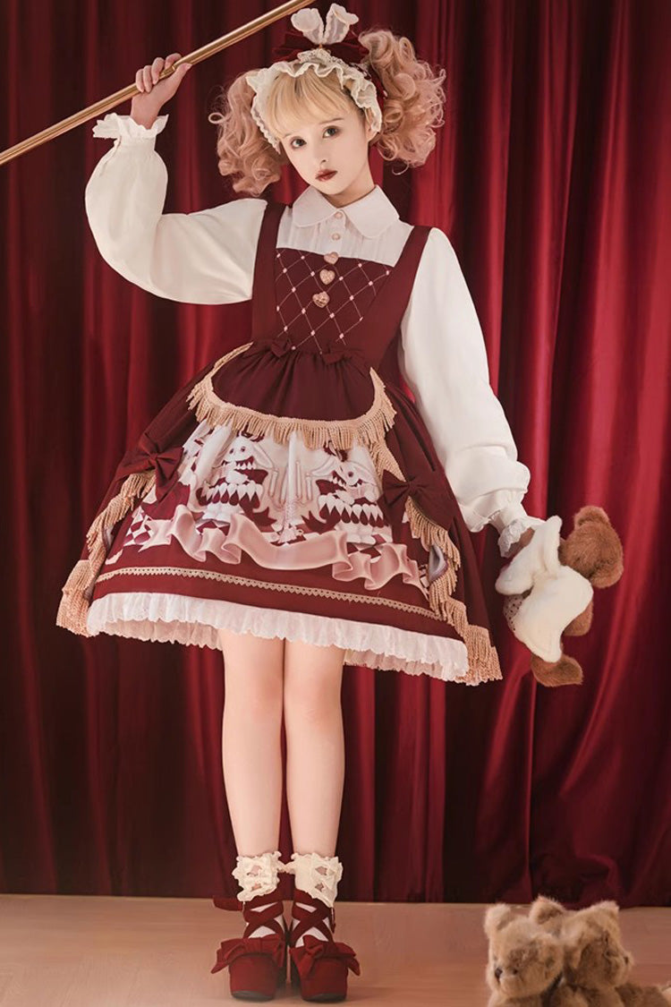 Red Doll Collar Bunny Reading Club Print Ruffle Lace Fake Two Pieces Sweet Princess Lolita Dress