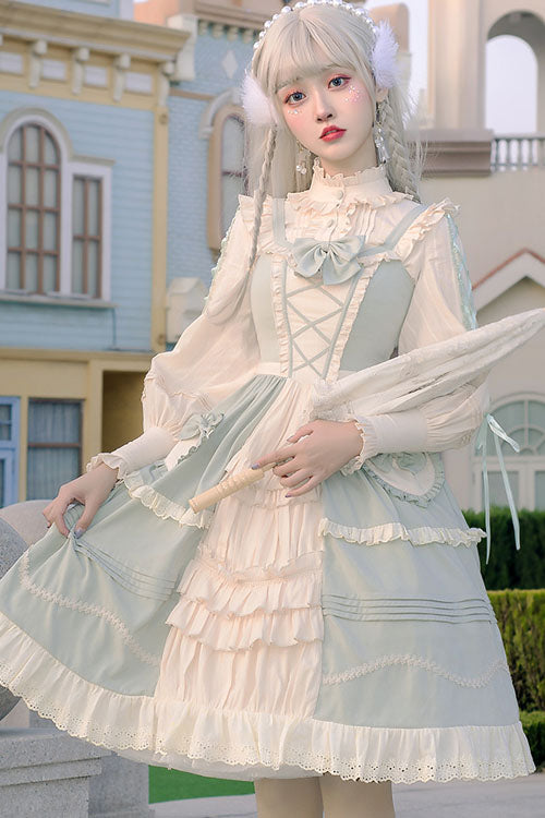 Light Green Japanese Country Style Bowknot Cardigan Ruffled Sweet Lolita JSK Dress