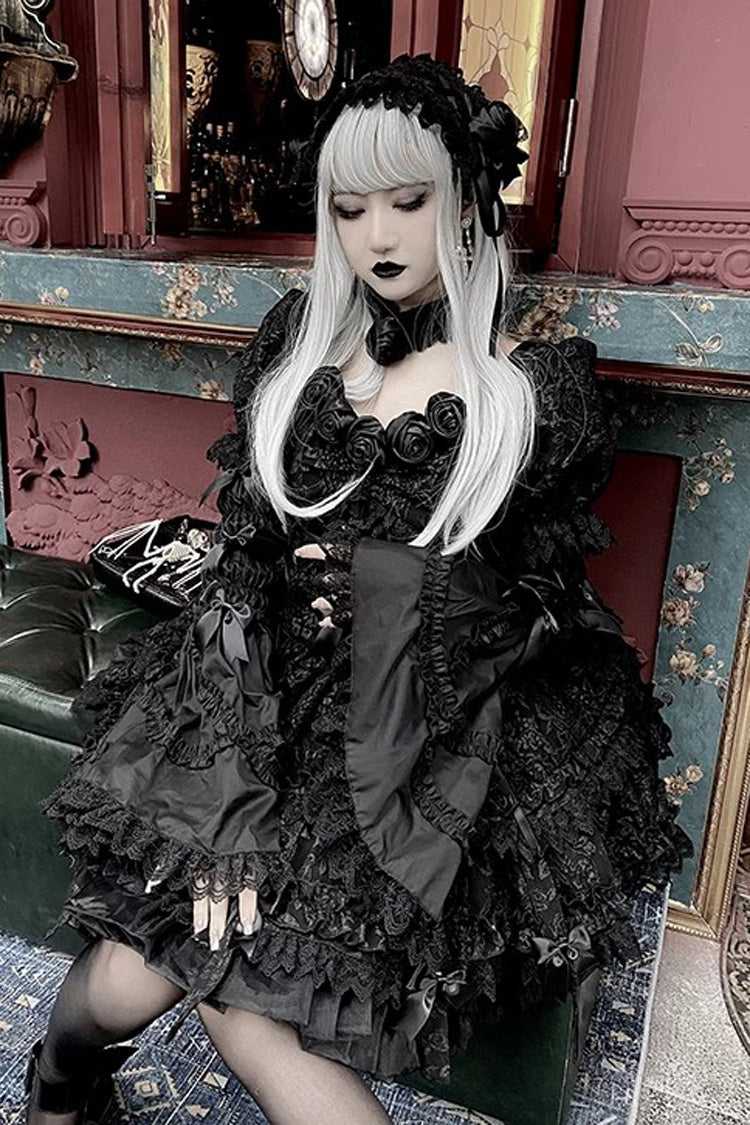 Pure Black Puff Short Sleeves Princess Gothic Lolita Tiered Dress