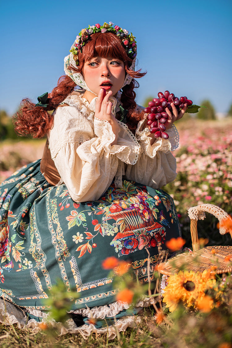 Green Ode to Plenty Berries and Birds Print Ruffle Bowknot Velvet Classic Lolita Breast Support Jsk Dress