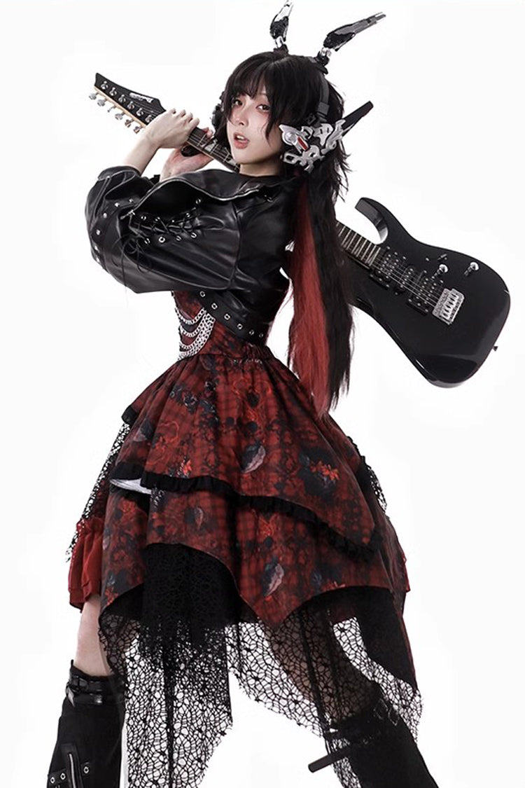 Red Strawberries of Blood and Tears Sleeveless Print Ruffle Bowknot Lace Asymmetric Gothic Lolita Jsk Dress