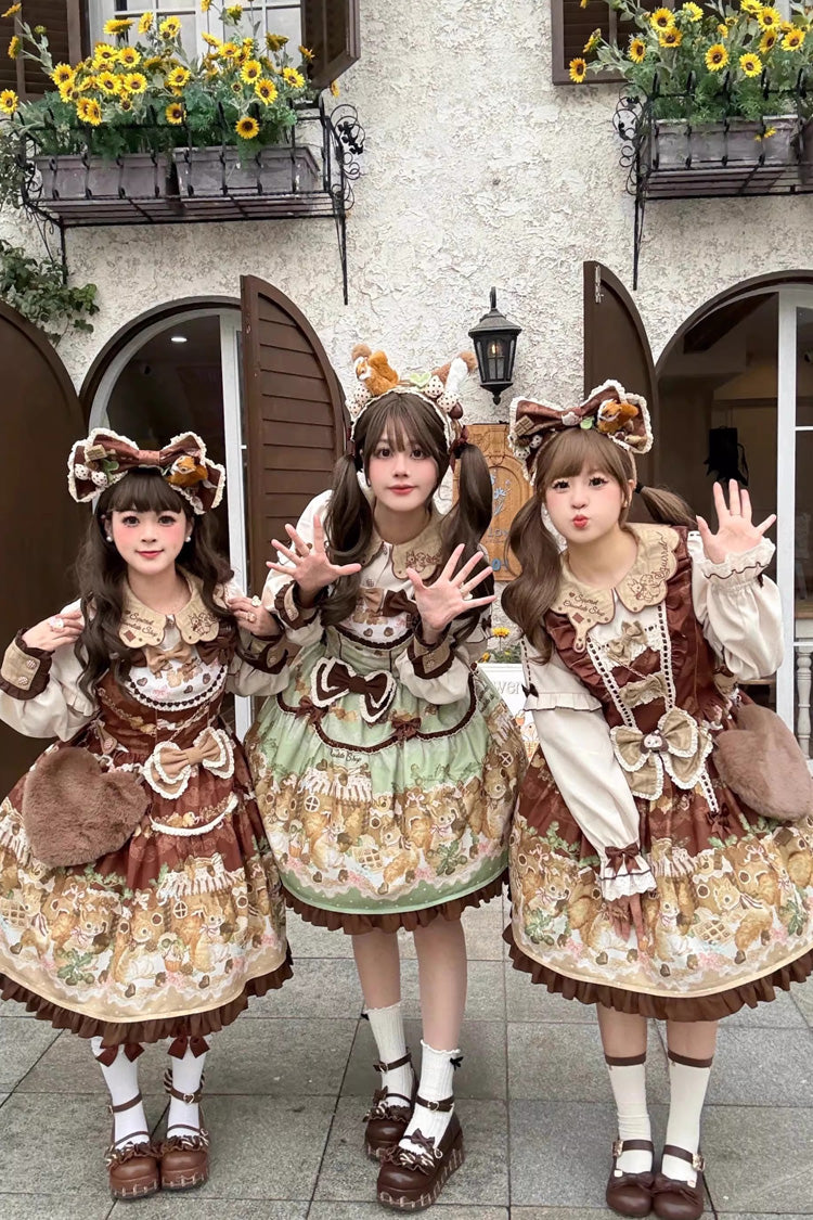 Green Squirrel Chocolate Shop Doll Collar Long Sleeves Printed Ruffled Bow Sweet Lolita Dress