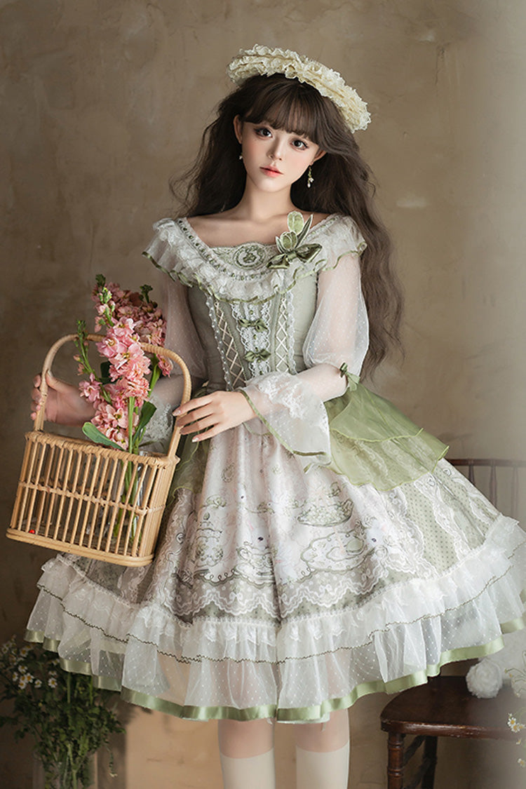 Green Teacup Rabbit Little Fresh Print Ruffle Bowknot Lace Lace-Up Sweet Lolita OP Dress