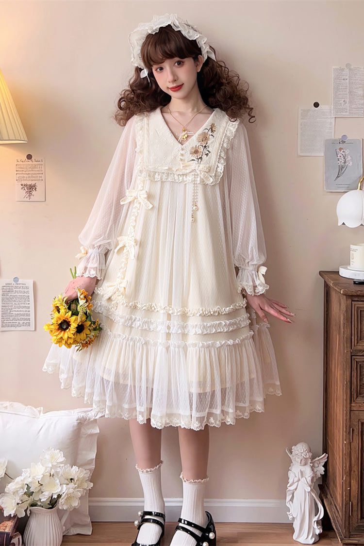 Ivory Sunflower Diary Long Sleeves Ruffle Embroidery Bowknot Lace Chiffon Sweet Princess Lolita Dress