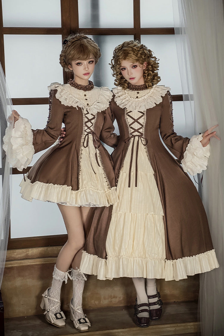 Brown/Beige Nutcracker Stand Collar Long Trumpet Sleeves Ruffle Cardigan Bowknot Lace-Up Sweet Lolita Dress Set 2 Versions