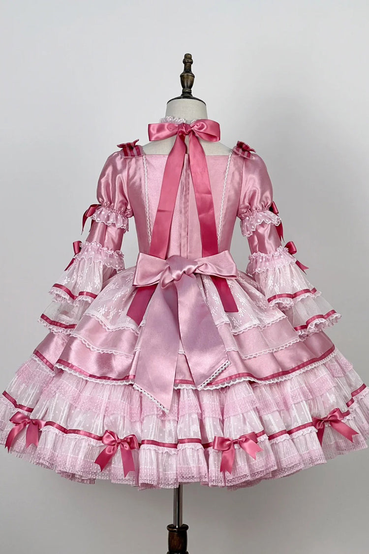 Pink Velvet Cake Long Trumpet Sleeves Multi-Layered Ruffle Bowknot Lace Sweet Lolita Dress