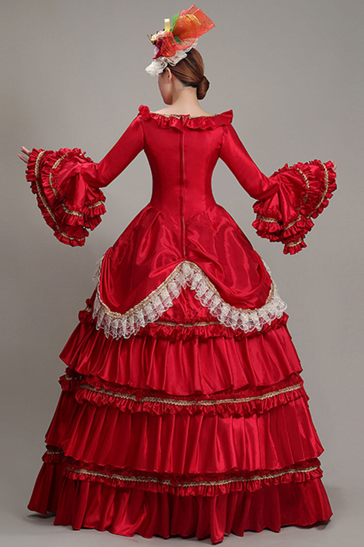 Red Hime Sleeves High Waisted Ruffled Multi-Layer Victorian Lolita Prom Tiered Dress