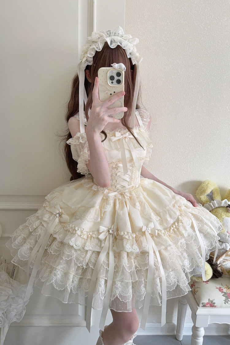 Apricot Ribbon Heart Love Sleeveless Multi-Layered Ruffle Bowknot Lace Lace-Up Sweet Princess Ballet Lolita Jsk Dress