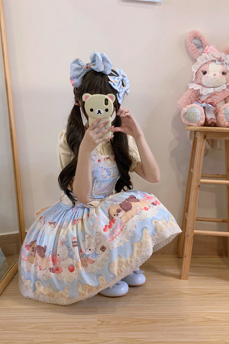 Cream Party Print Bowknot Stitching Lace Sweet Lolita Jsk Dress 3 Colors