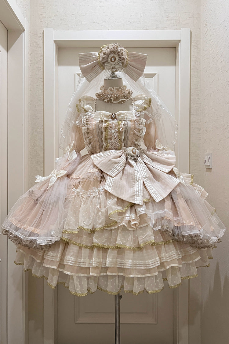 Apricot Coronation Long Trumpet Sleeves Multi-Layered Ruffle Bowknot Lace Sweet Gorgeous Lolita Dress Set