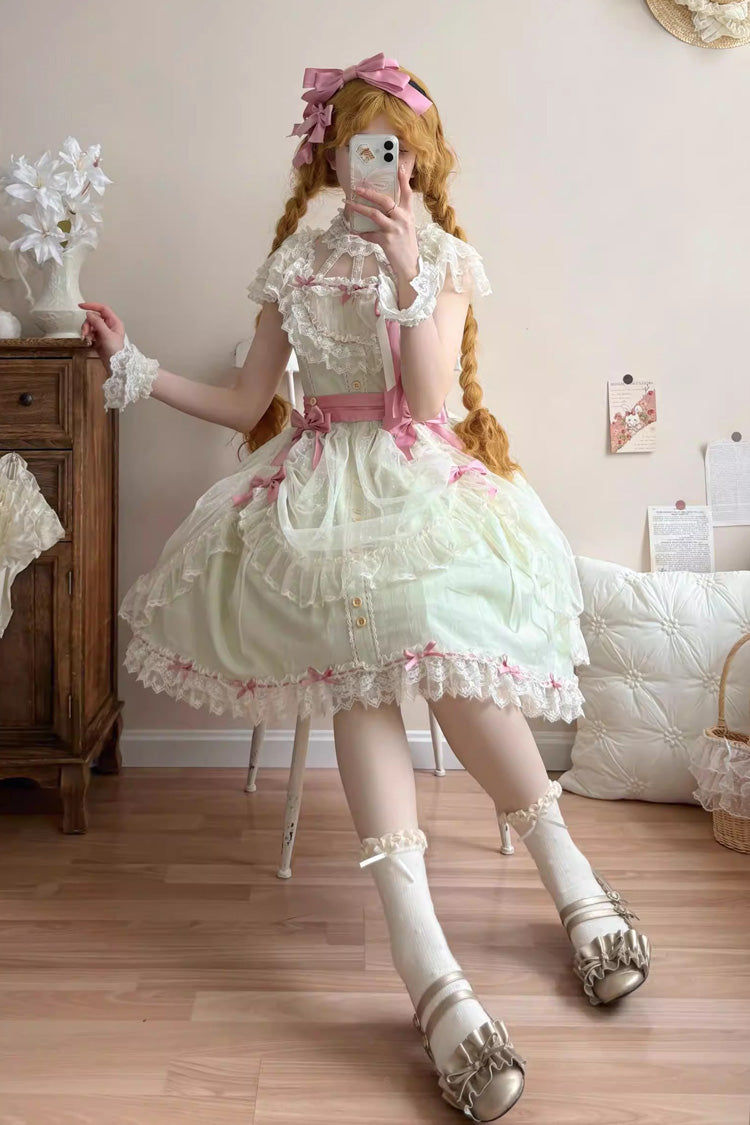 Green Sakura's Spring Resonance Sleeveless Ruffled Bow Sweet Lolita Jsk Dress (Short Version)