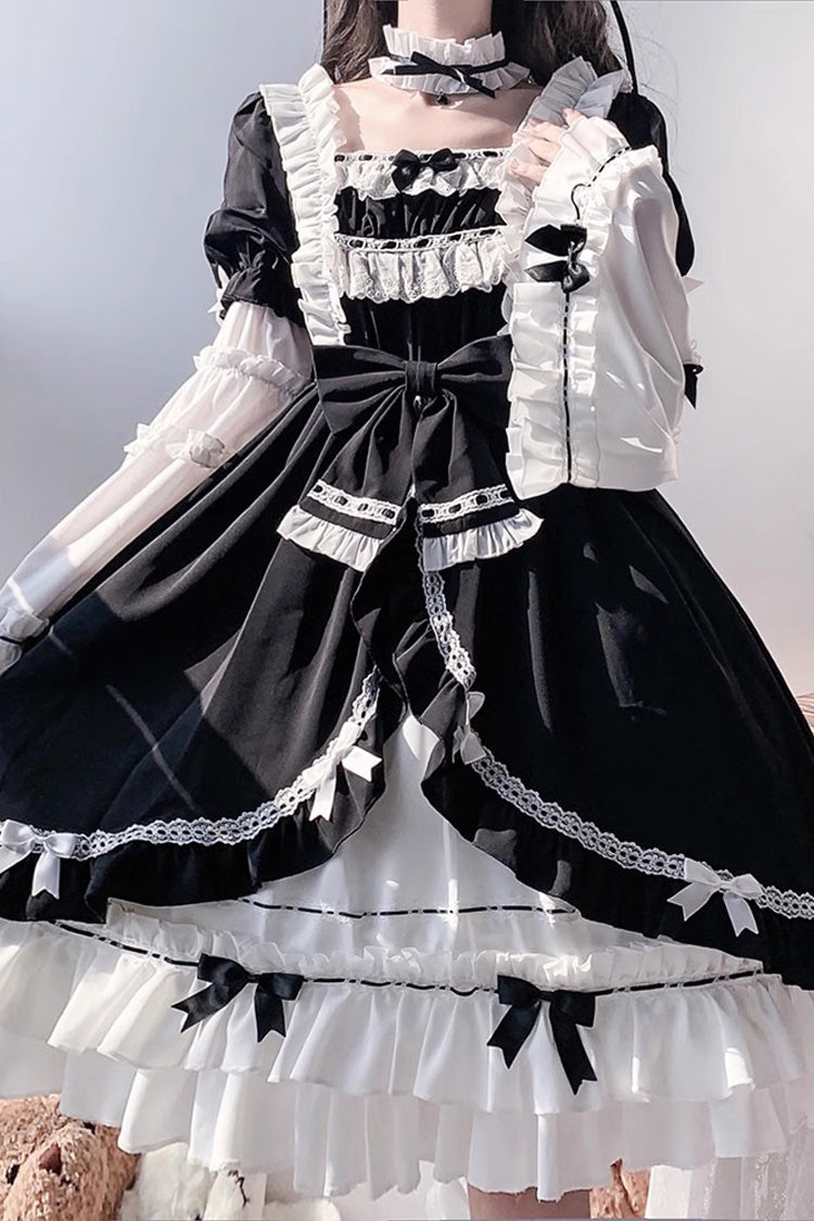 White/Black Hime Sleeves Multi-layer Ruffle Cardigan Bowknot Gothic Princess Lolita Dress